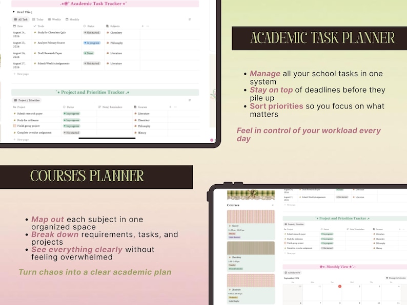 May include: An academic task planner and courses planner digital interface. The layout includes an academic task tracker, project and priorities tracker, and a courses planner with text headers and bulleted lists detailing organizational features.