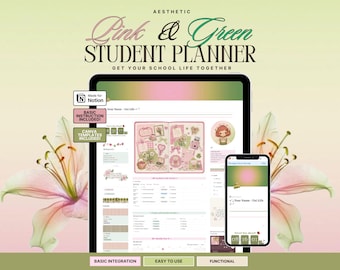 May include: A digital student planner displayed on a tablet and smartphone screen, featuring the text Pink & Green STUDENT PLANNER, GET YOUR SCHOOL LIFE TOGETHER, Made for Notion, BASIC INSTRUCTION INCLUDED, and CANVA TEMPLATES INCLUDED.