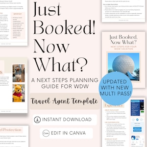 Könnte beinhalten: Eine Reiseagenturvorlage mit dem Titel "Just Booked! Now What?" mit dem Text "A Next Steps Planning Guide for WDW". Das Design enthält Bilder von Disney-Charakteren und eine Grafik von Spaceship Earth. Die Vorlage ist zum sofortigen Download verfügbar und in Canva bearbeitbar.