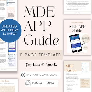 May include: A pink and white digital guide for travel agents on how to use the My Disney Experience app. The guide is an 11-page Canva template with the text "MDE App Guide" and "Updated with new LL info!" in a blue circle.