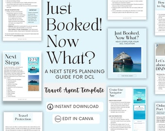 May include: A blue and white printable guide for planning a Disney Cruise Line vacation. The guide includes tips on transportation, dining, and onboard activities. The text "Just Booked! Now What?" is featured in a large font.