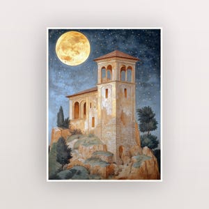 Moonlit Tower (c. 1303) Fine Art Print | Bondone-Inspired Italian Fresco on Cotton Matte Archival Paper | Vintage Medieval Wall Decor