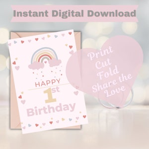 one year old birthday card girl pink cute rainbow birthday greeting card printable instant digital download for girl birthday gift toddler