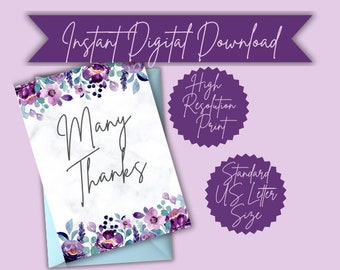 Printable thank you card floral watercolor thank you card for her instant digital download