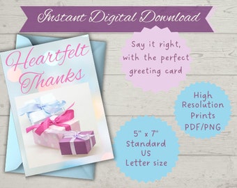 Printable thank you card elegant heartfelt thanks gift instant download greeting card