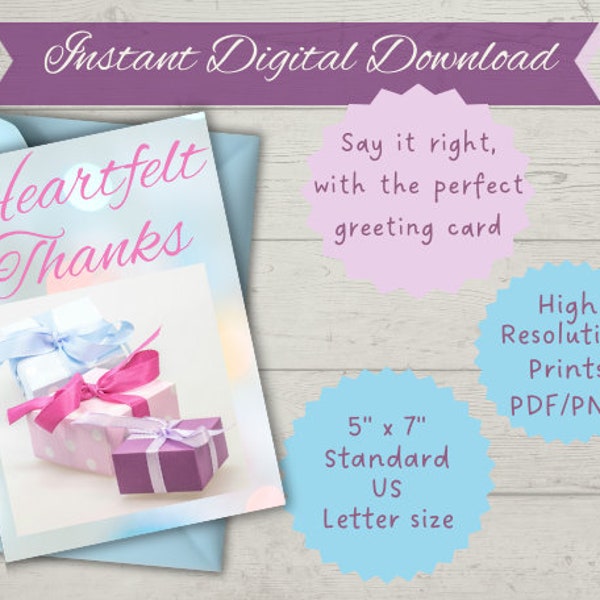 Printable thank you card elegant heartfelt thanks gift instant download greeting card