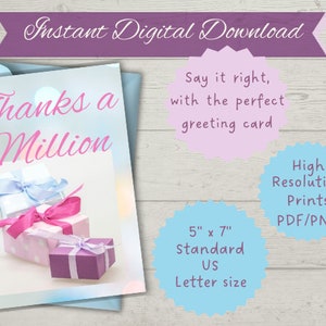 Merci carte imprimable classique et élégant Merci un million maman fille soeur fille meilleur ami cadeau téléchargement immédiat carte de voeux