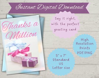 thank you card printable classic and elegant thanks a million mom daughter sister girl best friend gift instant download greeting card