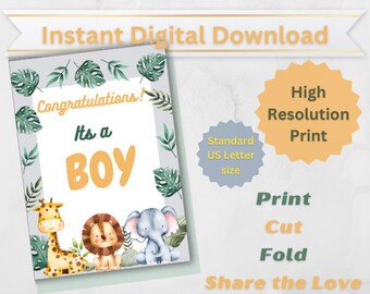 afdrukbare safari baby aankomstkaart gefeliciteerd het is een jongen afdrukbare baby shower cadeaubon natuurliefhebber dier instant digitale download