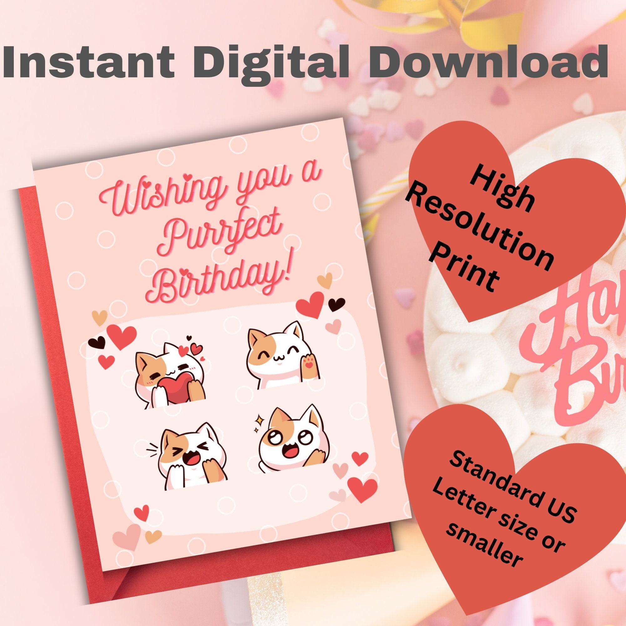 Cute Cat Birthday Card Funny Cat Emotions Cat Lovers Printable Digital ...