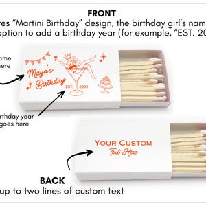 The front and back of open matchboxes are shown with the options available to customize the front and the back of the matchboxes. The matchboxes are the perfect party favors for martini-themed birthday celebrations.