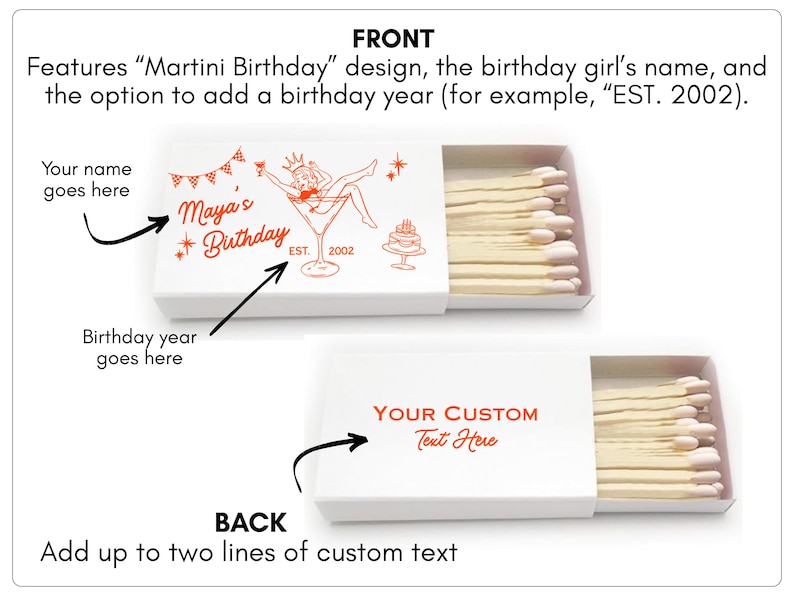 The front and back of open matchboxes are shown with the options available to customize the front and the back of the matchboxes. The matchboxes are the perfect party favors for martini-themed birthday celebrations.