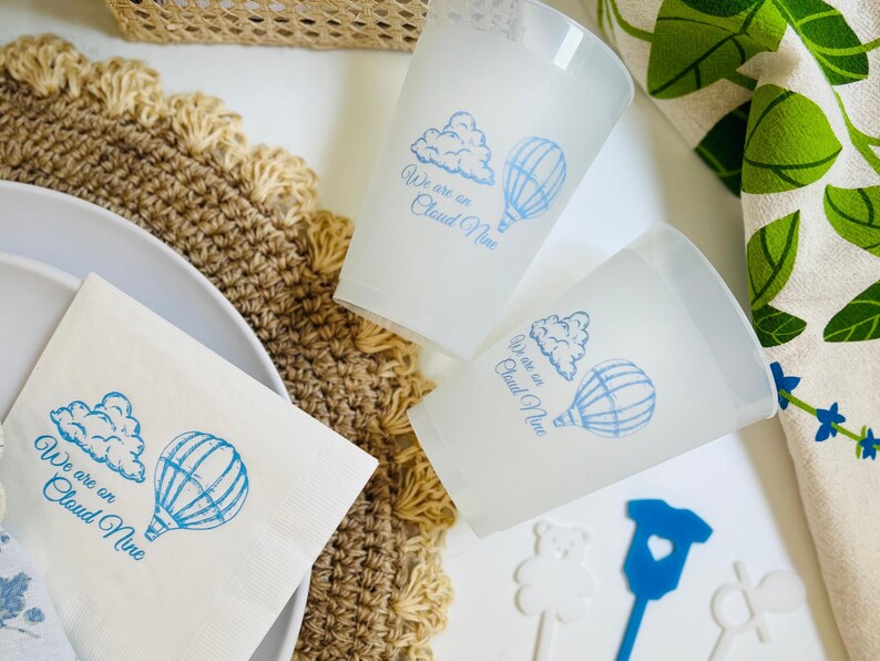 Op de afbeelding: Twee witte bekers met blauwe tekst en illustraties van wolken en luchtballonnen. De tekst op de bekers luidt "We are on Cloud Nine".