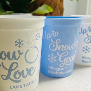 May include: White and light blue plastic cups with text and snowflake designs. The cups have phrases like "Snow in Love" and "Up to Snow Good". The text "Lake Tahoe" and "Morgan's Bachelorette" are also visible.
