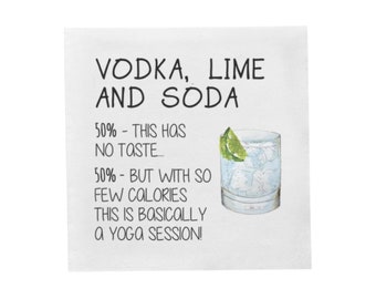 May include: A white card with black text that reads "VODKA, LIME AND SODA" and "50% - THIS HAS NO TASTE... 50% - BUT WITH SO FEW CALORIES THIS IS BASICALLY A YOGA SESSION!"  A drawing of a glass of vodka soda with a lime wedge is on the right side of the card.
