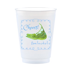 May include: White plastic cup with a blue and green design. The design features a map of Nantucket with the text "Cheers! Nantucket".