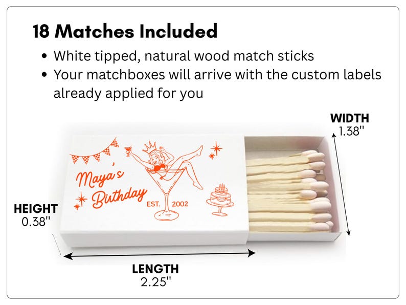 A white matchbox with a customizable matchbox label is shown against a white background. The design on the matchbox showcases a woman in a martini glass, as well as the matchbox dimensions and details about the matches.