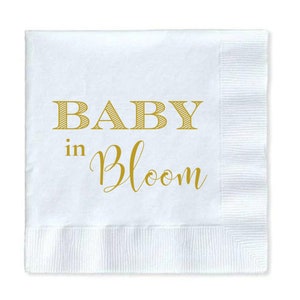 Baby In Bloom Baby Shower Holographic Gold Cocktail Paper Beverage Napkins | Floral Baby Shower | Girl Baby Shower | Gold Baby Shower
