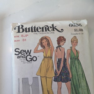 May include: Vintage Butterick sewing pattern 6655, featuring illustrations of halter-style dresses and pantsuits. The pattern includes sizes for Junior Petite and Misses. The cover displays the text "Sew and Go" and "The Fashion One".