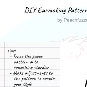 May include: A black and white line drawing of a cat's head with instructions on how to make a DIY earmaking pattern for a cat. The text says "DIY Earmaking Pattern - Cat (pointed)" and "Tips: Trace the paper pattern onto something sturdier. Make adjustments to the pattern to create your style."