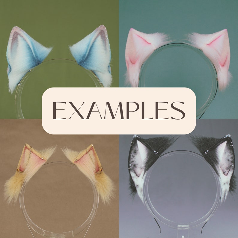 May include: Four pairs of faux fur cat ears on headbands. The ears are in various colors and styles, including light blue, pink, beige, and black and white.