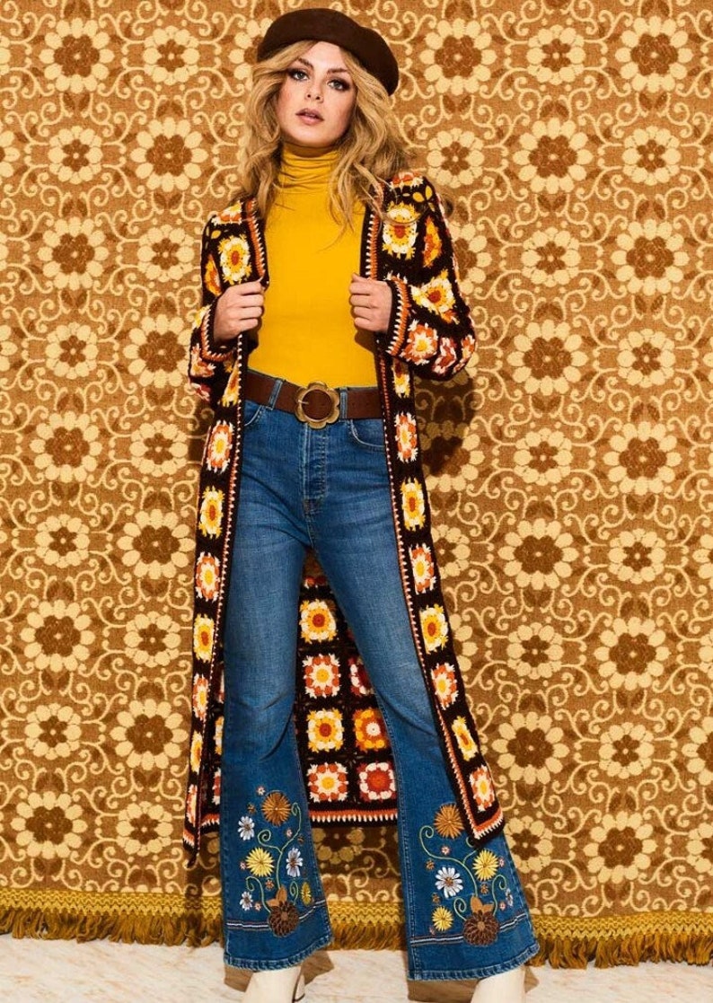 Crochet long coat cardigan patchwork granny squares 70's retro
Vintage boho hippie