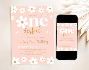 Invitación de cumpleaños de Daisy, Invitación para el primer cumpleaños de Daisy, Invitación para el primer cumpleaños de Daisy, ¿No es maravillosa?, Plantilla editable de Canva de 5x7