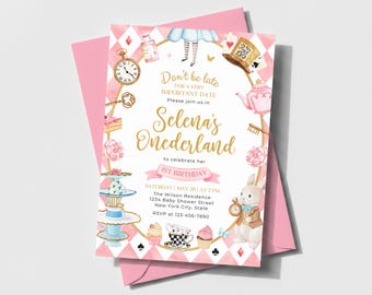 Alice in Wonderland Birthday Invitation, Onederland 1st Birthday Invite, Whimsical Tea Party Invitation Template SP008