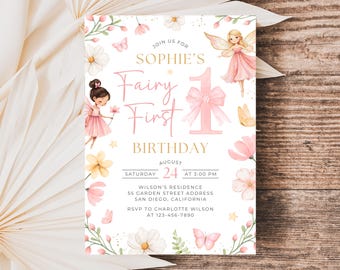Fairy First Birthday Invitation, Girl Fairy 1st Birthday Invite, Garden Fairy Birthday Invitation Template SP006