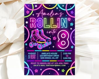Roller Skating Birthday Invitation, Neon Roller Skating Birthday Invite, Retro Neon Lights Template SP018