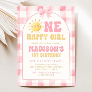 One Happy Girl Birthday Invitation, Little Sunshine First Birthday Invite, Sun Invitation, Sunshine Invites, Editable 5x7 Canva Template
