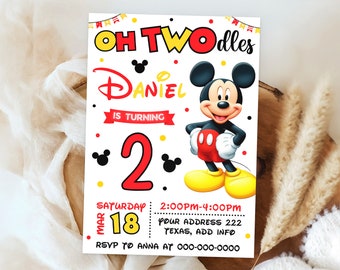 Faire-part Mickey Mouse, Invitation d'anniversaire Mickey Mouse Oh Twodles, invitations de fête d'enfants imprimables, modèle de toile