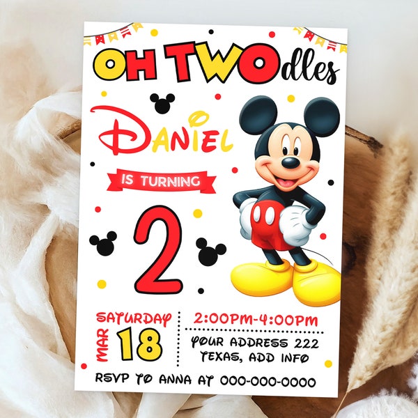 Mouse Birthday Invitation, Oh Twodles Birthday Invitation, Printable Kids Party Invites, Canva Template