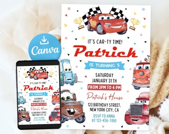 Cars Invitation, Lightning McQueen Birthday Invitation, Printable Kids Party Invites, Canva Template