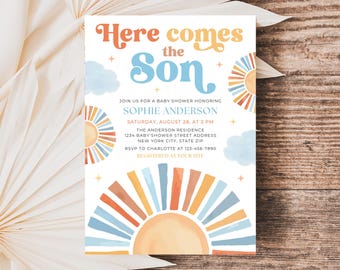 Sunshine Baby Shower Invitation, Here Comes the Son Baby Shower Invitation, Boy Boho Sonshine Shower Invite Template SP003