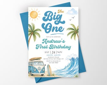 The Big One Surf Birthday Invitation, Surfing 1st Birthday Party Invite, Surf Beach Summer Birthday Invite Template SP002