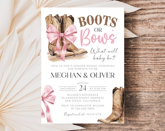 Boots or Bows Gender Reveal Invitation, Pink and Brown Western Gender Reveal Invite Template SP027