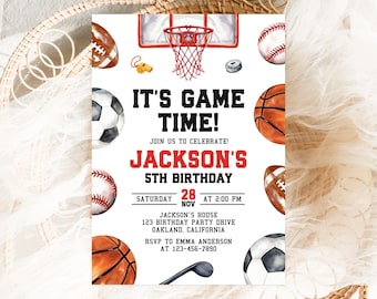 Sports Birthday Invitation, Editable 5x7 Canva Template