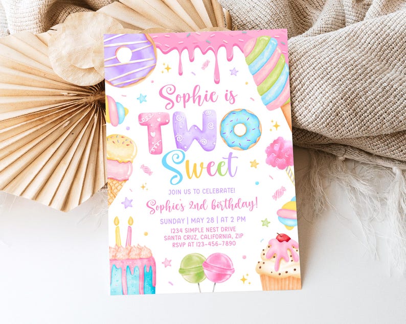 May include: A colorful birthday party invitation with the text "Sophie is TWO Sweet." The design includes illustrations of donuts, ice cream, cotton candy, and a cupcake. The invitation also includes the party details.