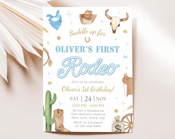 First Rodeo Invitation, My 1st Rodeo Cowboy Birthday Invite, Boy 1st Birthday Invitation, Cowboy Invitation, Editable 5x7 Canva Template