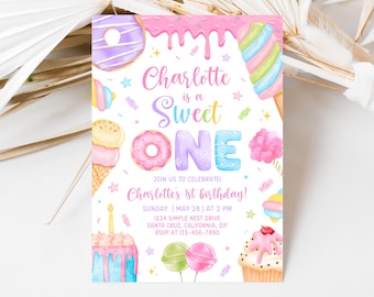 Sweet One Birthday Invitation, Sweet 1st Birthday Girl Invite, Pastel Sweets Invitation, Dessert Candy Donut Ice Cream Invite Template SP015