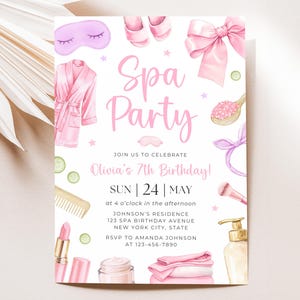 May include: A watercolor-style invitation for a spa party, featuring pink spa-themed illustrations. The text reads "Spa Party" and includes details for Olivia's 7th birthday, such as the date, time, and location.