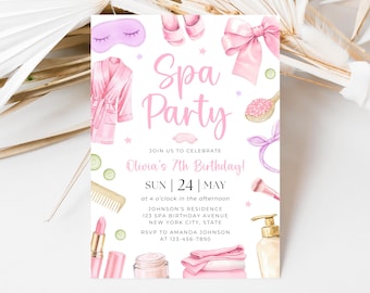Spa Birthday Party Invitation, Pamper Party Invite, Girl Spa Birthday, Pink Bow Invitation Template SP013