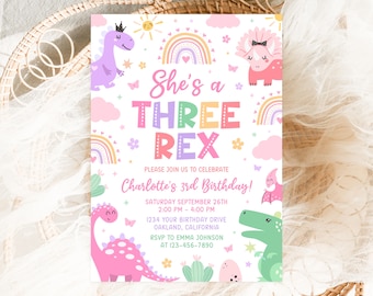 Three Rex Birthday Invitation, Girl Dinosaur 3rd Birthday Invite, Pink Dinosaur Invitation, Editable 5x7 Canva Template