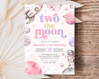 Two the Moon Birthday Invitation, Girl Space 2nd Birthday Invite, Outer Space Invitation Template SP017
