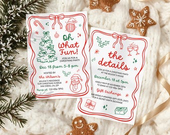 Puede incluir: Dos invitaciones a una fiesta de Navidad con ilustraciones y texto festivos en rojo y verde. Las invitaciones incluyen el texto "Oh What Fun!" y "the details", junto con información de la fiesta y un aviso de intercambio de regalos. Galletas de jengibre esparcidas.