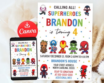 Superheroes Invitation, Superheroes Birthday Invitation, Printable Kids Party Invites, Canva Template