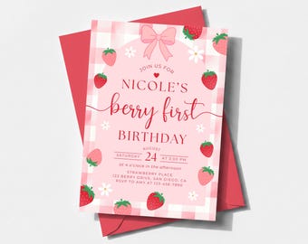 Berry First Birthday Invitation, Pink Bow Berry 1st Birthday Invite Template SP016