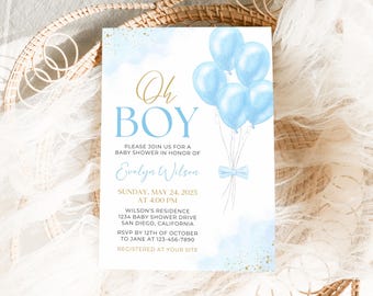 Oh Boy Baby Shower Invitation, Boy Blue Balloon Baby Shower Invitation, Baby Shower Invites, Editable 5x7 Canva Template
