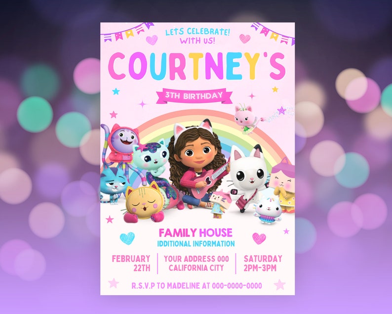 Gabbys Dollhouse Birthday Invitation, Digital Gabby Dollhouse Invitation, Printable Kids Party Invites, Canva Template 画像 2